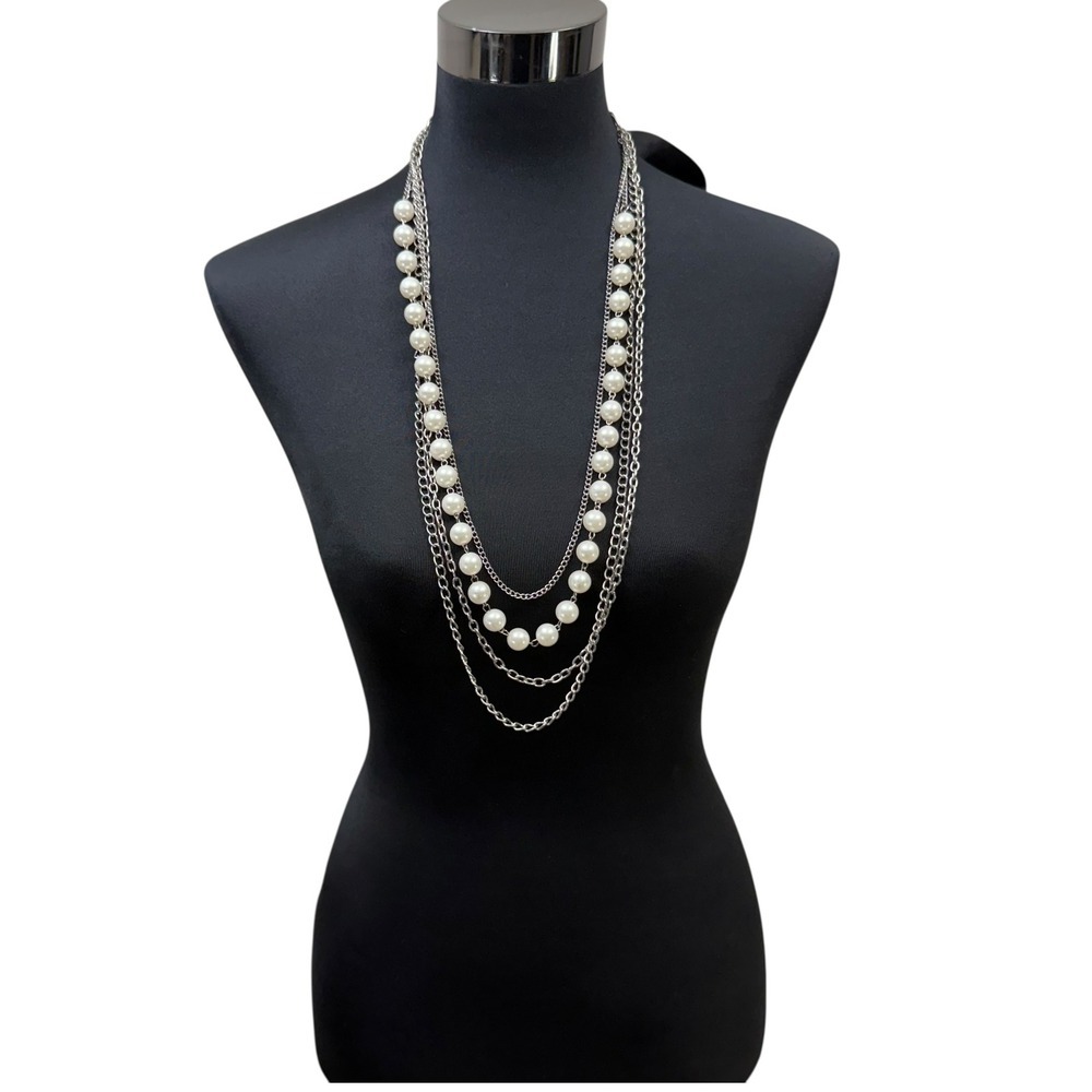 Multi Strand Layered Pearl Necklace Silver Chain Statement Ribbon Tie Back 20 in